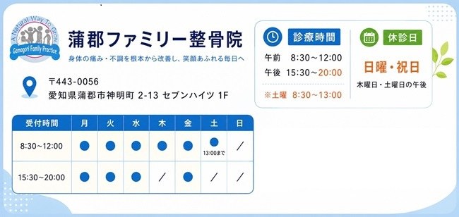 蒲郡ファミリー整骨院　診療時間・アクセス